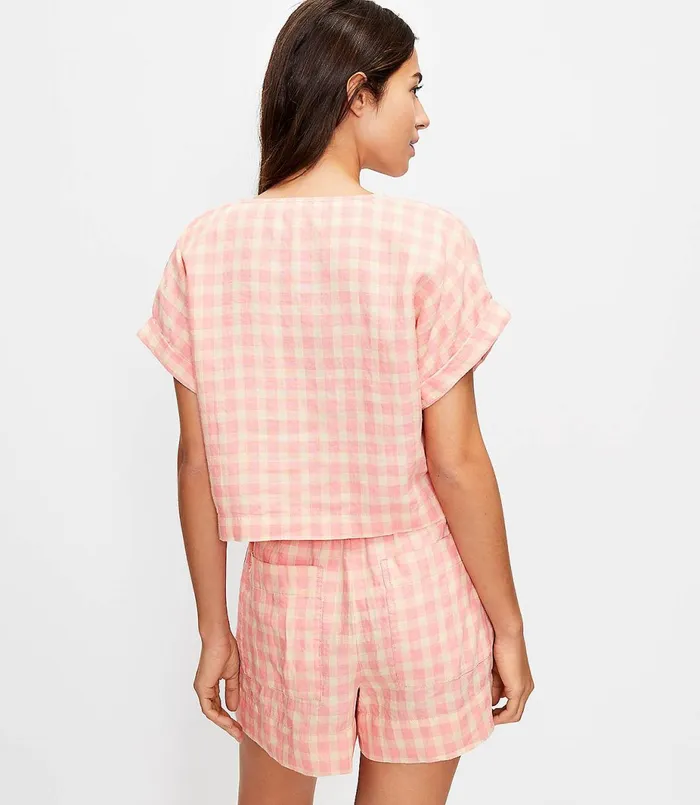 LOFT Lou and Grey Gingham Linen VNeck Top Light Pebble Women Loungewear