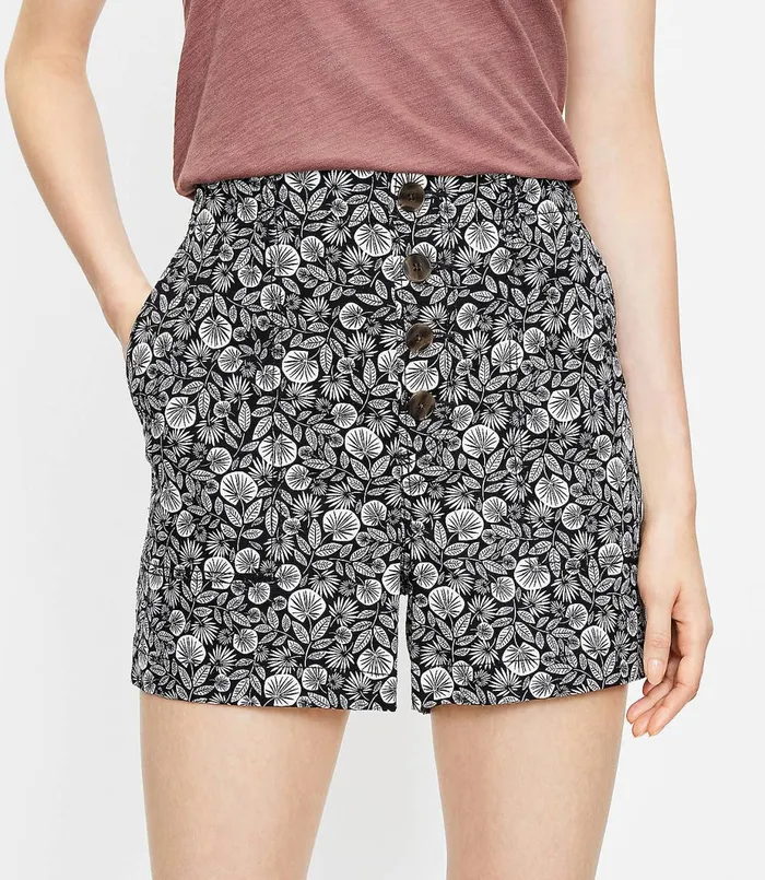 LOFT Petite Button Front Structured Shorts In Palm Leaf Black Women Petite Shorts LOFT Petite Button Front Structured Shorts In Palm Leaf Black Women Petite Shorts
