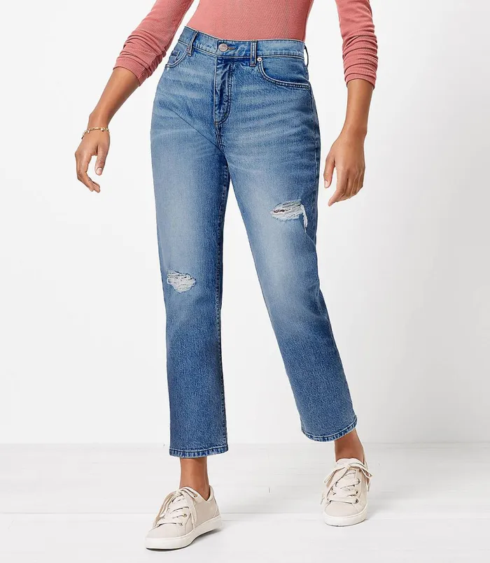 LOFT Petite Curvy Destructed High Rise Straight Crop Jeans In Authentic Light Indigo Wash Authentic Light Indigo Wash Women Petite Jeans LOFT Petite Curvy Destructed High Rise Straight Crop Jeans In Authentic Light Indigo Wash Authentic Light Indigo Wash Women Petite Jeans
