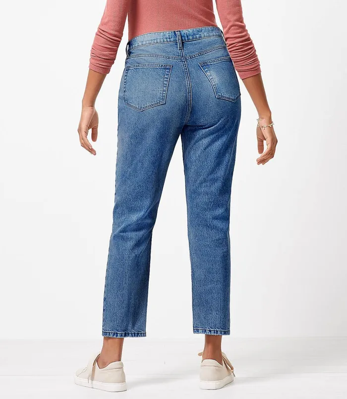 LOFT Petite Curvy Destructed High Rise Straight Crop Jeans In Authentic Light Indigo Wash Authentic Light Indigo Wash Women Petite Jeans