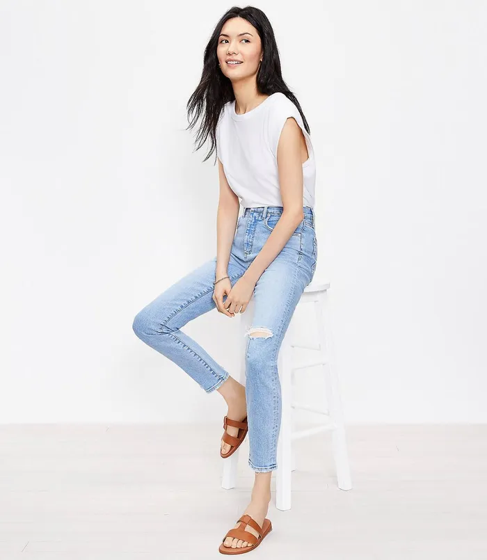 LOFT Petite Destructed High Rise Skinny Ankle Jeans In Vivid Light Indigo Wash Vivid Light Indigo Wash Women Petite Jeans