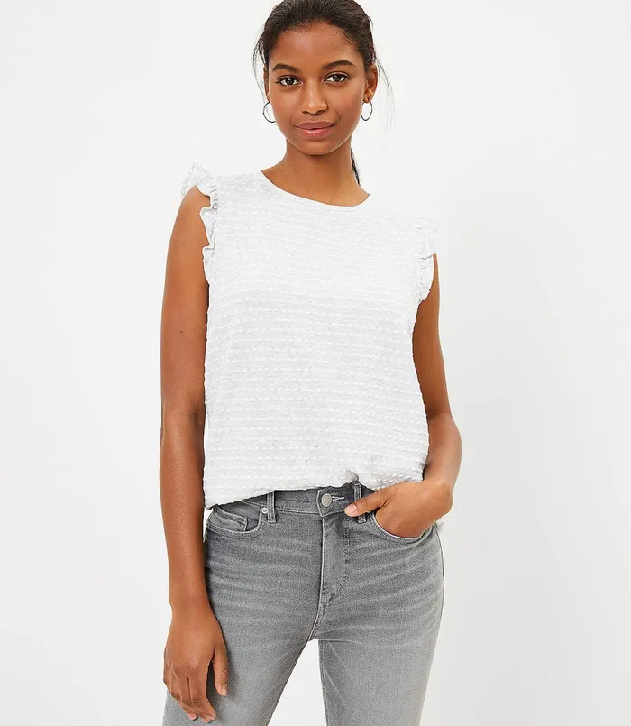 LOFT Petite Dotted Ruffle Shell Black Women Petite Tees