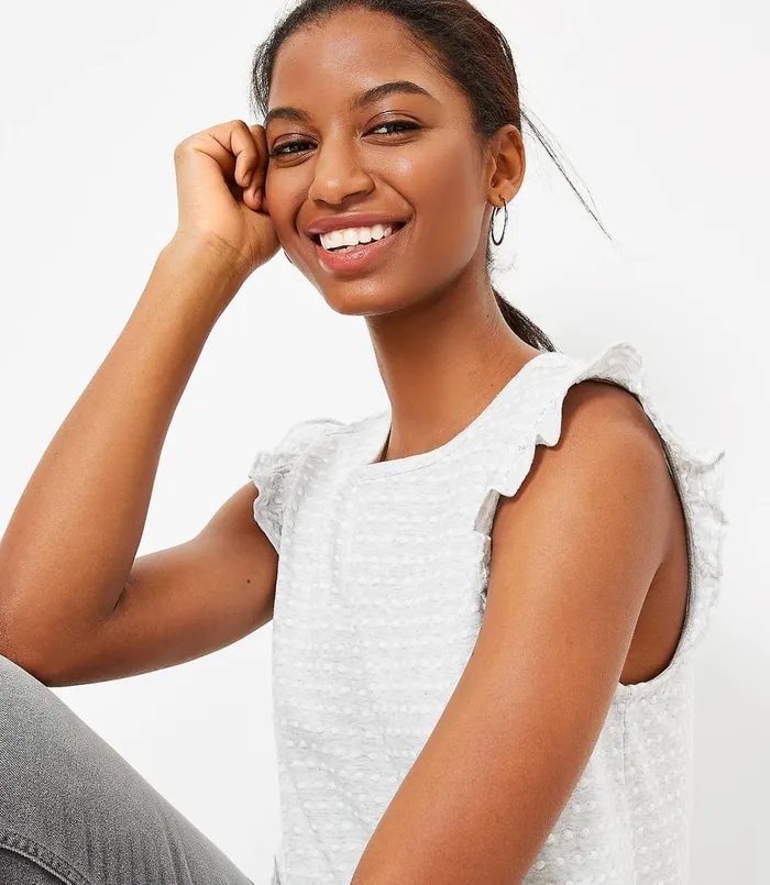 LOFT Petite Dotted Ruffle Shell Black Women Petite Tees