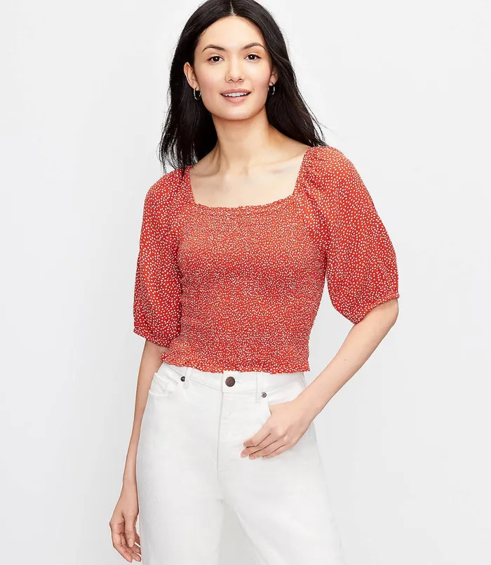 LOFT Petite Dotted Smocked Blouse Sundried Vine Women Petite Tops