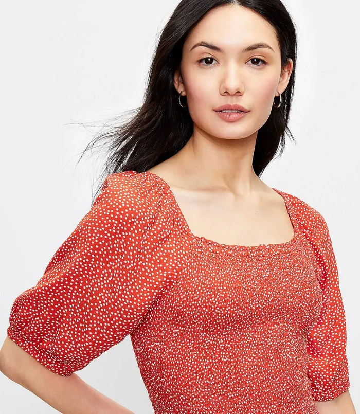 LOFT Petite Dotted Smocked Blouse Sundried Vine Women Petite Tops