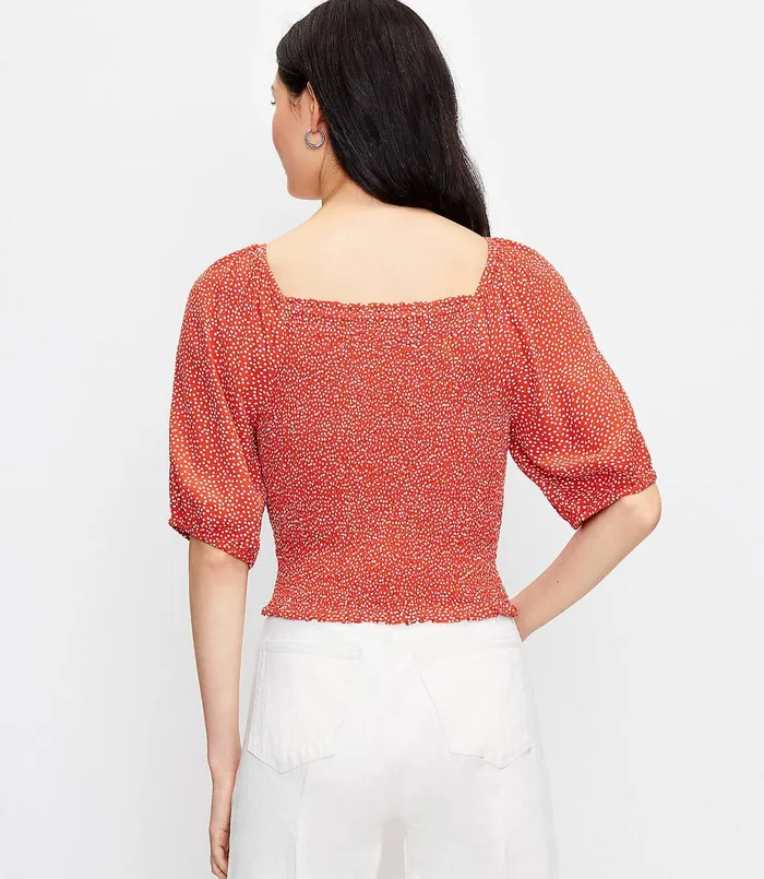 LOFT Petite Dotted Smocked Blouse Sundried Vine Women Petite Tops