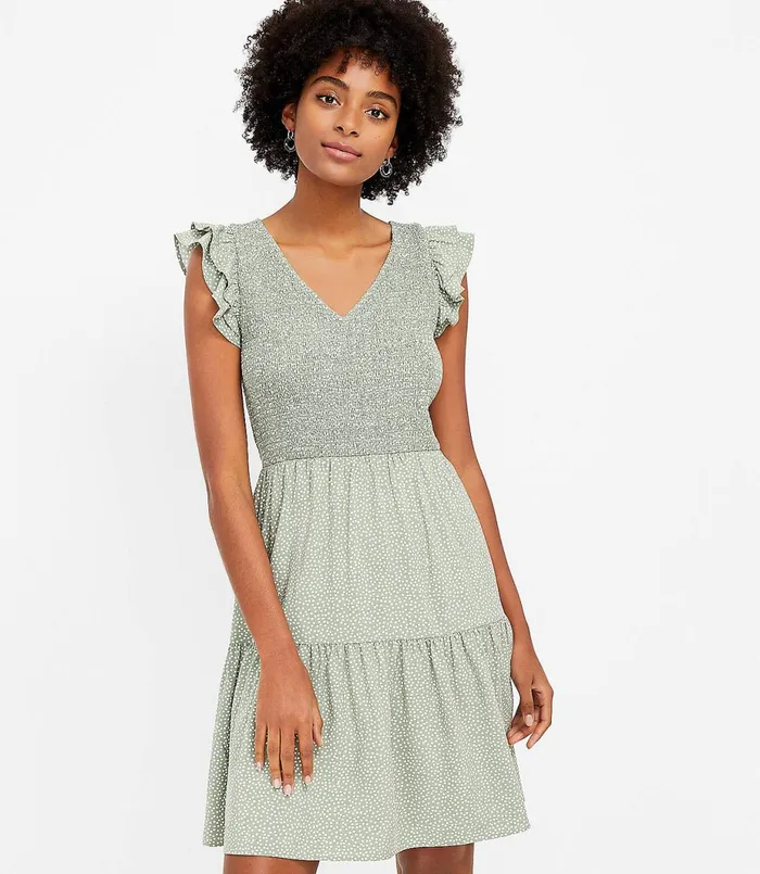 LOFT Petite Dotted Smocked Tiered Dress Sundried Vine Women Petite Dresses