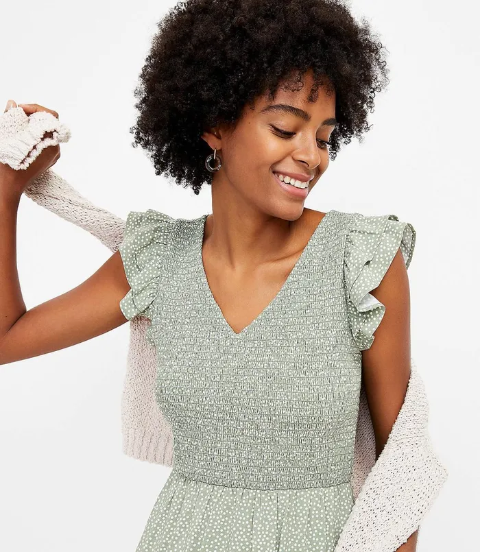 LOFT Petite Dotted Smocked Tiered Dress Sundried Vine Women Petite Dresses