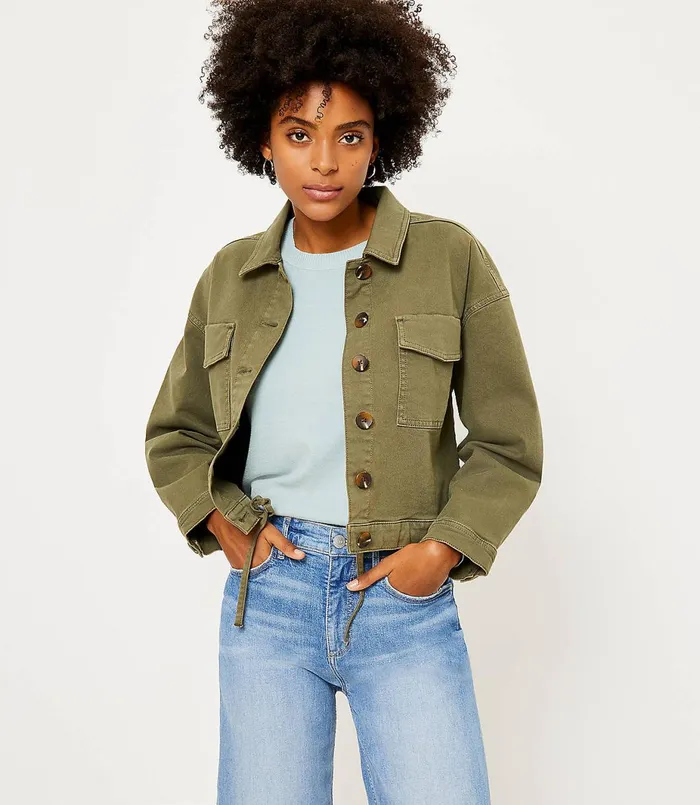 LOFT Petite Drawstring Hem Denim Jacket Vintage Olive Women Petite Jackets and Blazers LOFT Petite Drawstring Hem Denim Jacket Vintage Olive Women Petite Jackets and Blazers