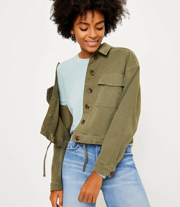 LOFT Petite Drawstring Hem Denim Jacket Vintage Olive Women Petite Jackets and Blazers