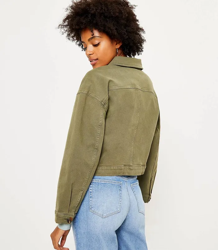 LOFT Petite Drawstring Hem Denim Jacket Vintage Olive Women Petite Jackets and Blazers