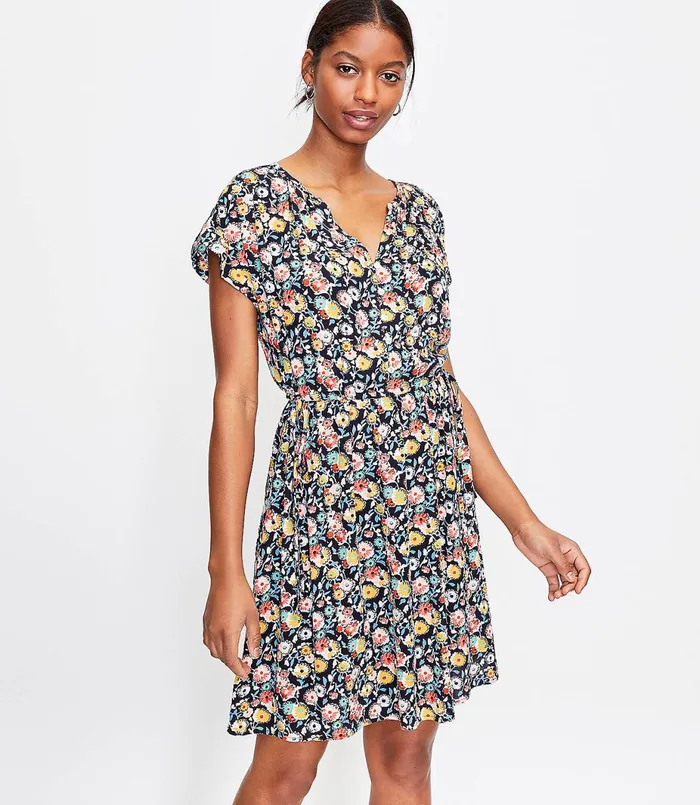 LOFT Petite Floral Side Tie Henley Swing Dress Forever Navy Women Petite Dresses LOFT Petite Floral Side Tie Henley Swing Dress Forever Navy Women Petite Dresses