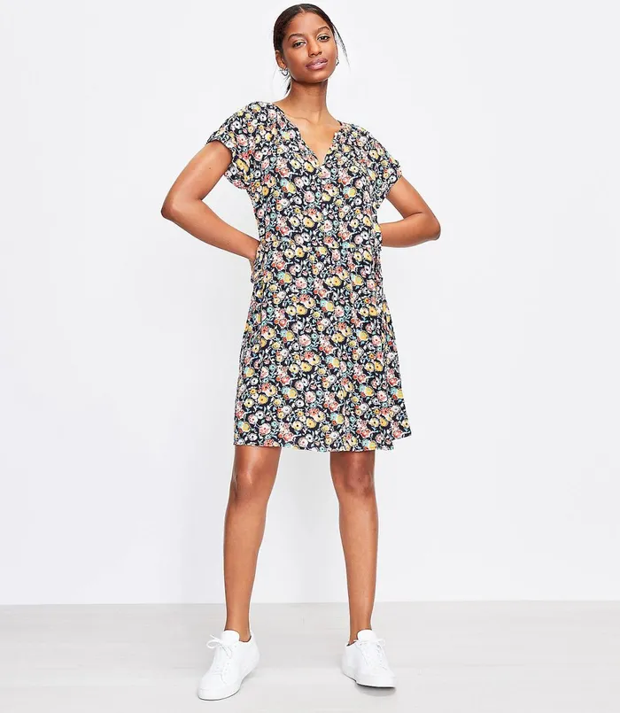 LOFT Petite Floral Side Tie Henley Swing Dress Forever Navy Women Petite Dresses