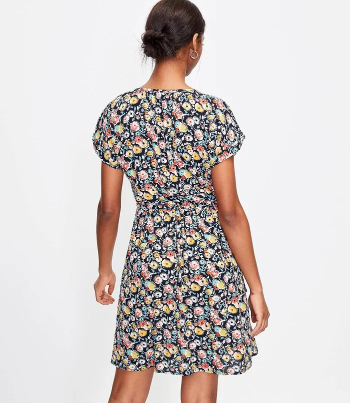 LOFT Petite Floral Side Tie Henley Swing Dress Forever Navy Women Petite Dresses