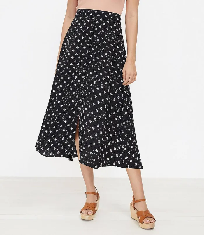 LOFT Petite Geo Button Midi Skirt Black Women Petite Skirts