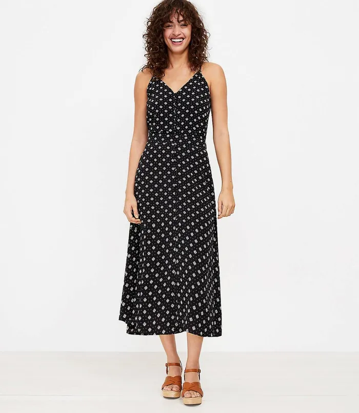 LOFT Petite Geo Button Midi Skirt Black Women Petite Skirts