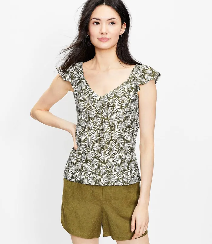 LOFT Petite Leafed Ruffle VNeck Tank Top Wild Vine Women Petite Tops