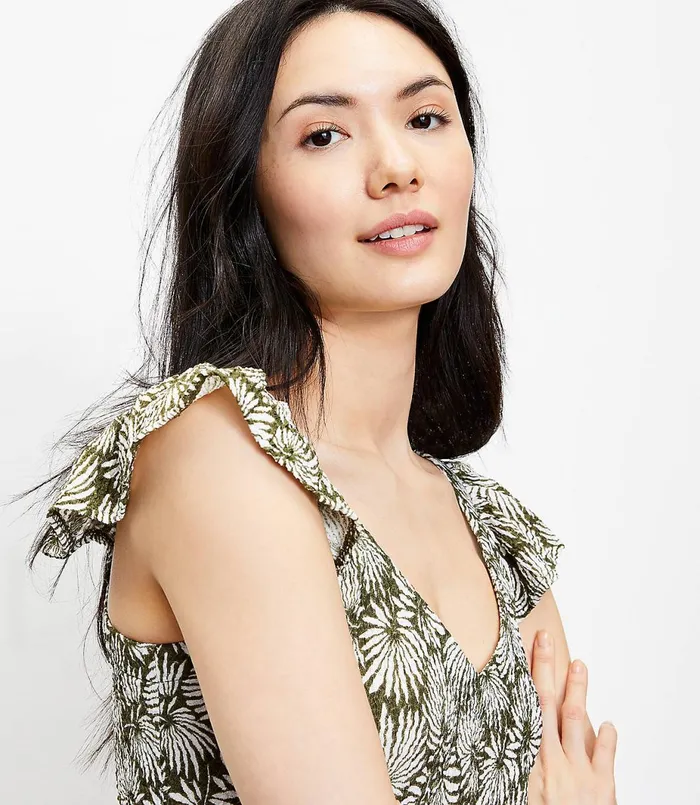 LOFT Petite Leafed Ruffle VNeck Tank Top Wild Vine Women Petite Tops