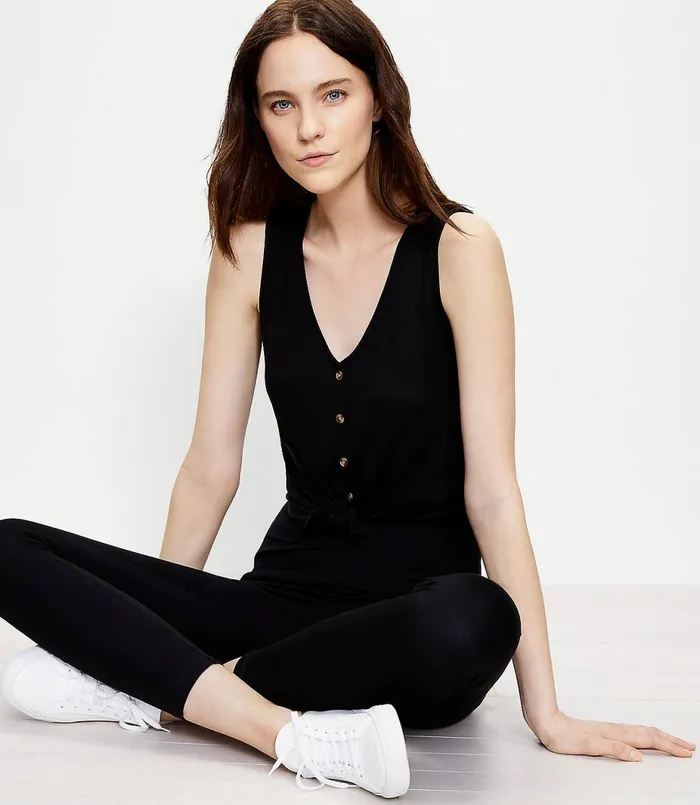 LOFT Petite Lou and Grey Signature Softblend Jersey Button Tie Front Tank Top Rich Pecan Women Petite Tees