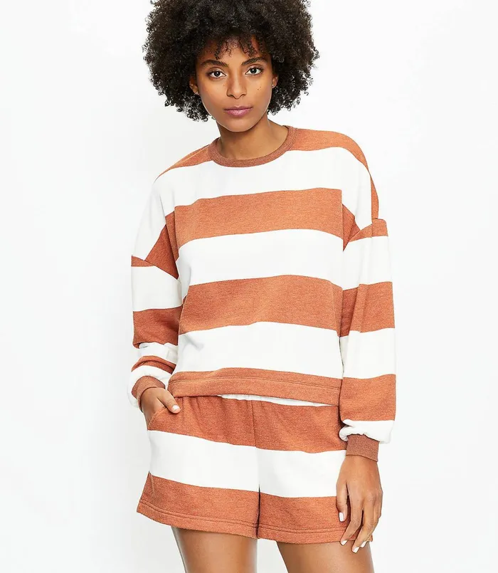 LOFT Petite Lou and Grey Striped Cozy Cotton Terry Sweatshirt Whisper White Women Petite Tops LOFT Petite Lou and Grey Striped Cozy Cotton Terry Sweatshirt Whisper White Women Petite Tops