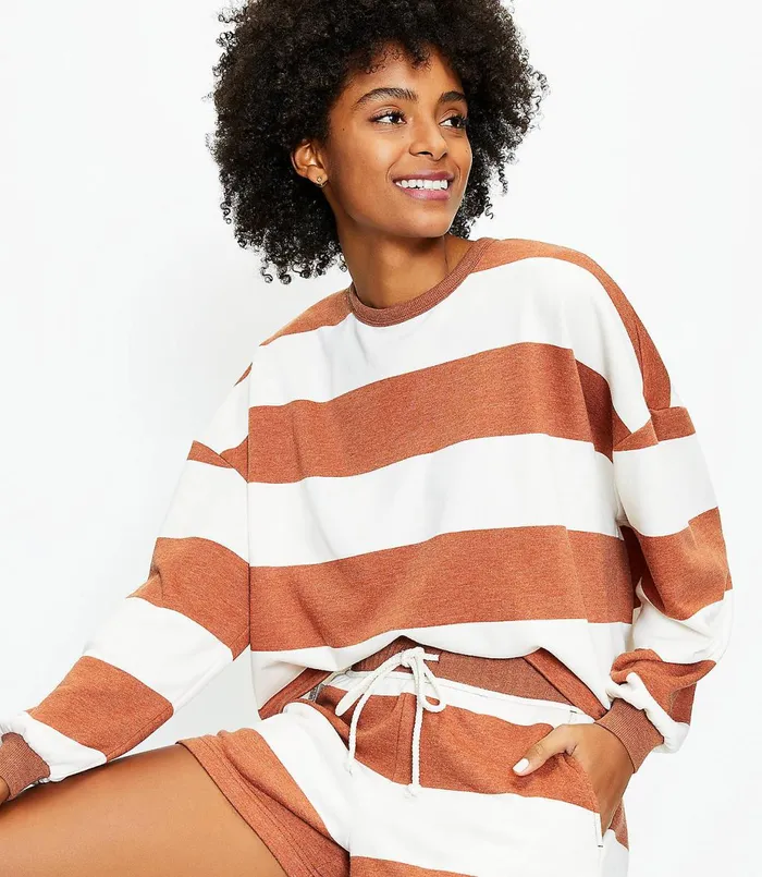 LOFT Petite Lou and Grey Striped Cozy Cotton Terry Sweatshirt Whisper White Women Petite Tops