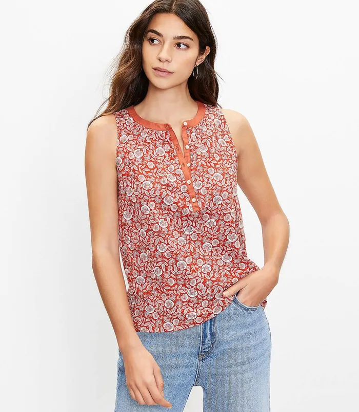 LOFT Petite Palm Henley Tank Top Rich Chestnut Women Petite Tops