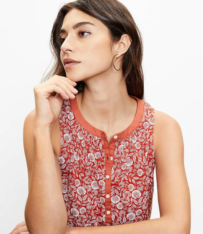 LOFT Petite Palm Henley Tank Top Rich Chestnut Women Petite Tops