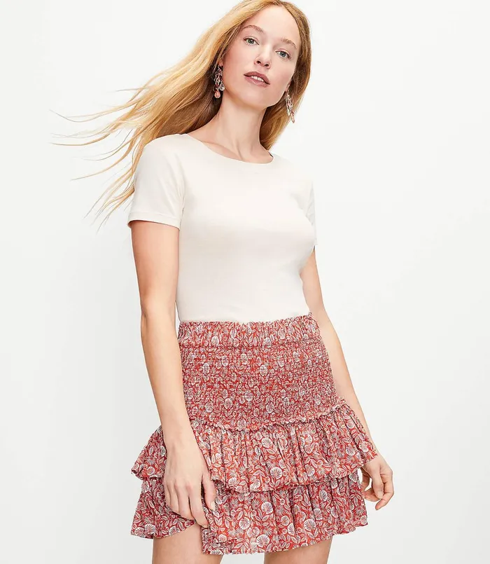 LOFT Petite Palm Smocked Tiered Skirt Rich Chestnut Women Petite Skirts