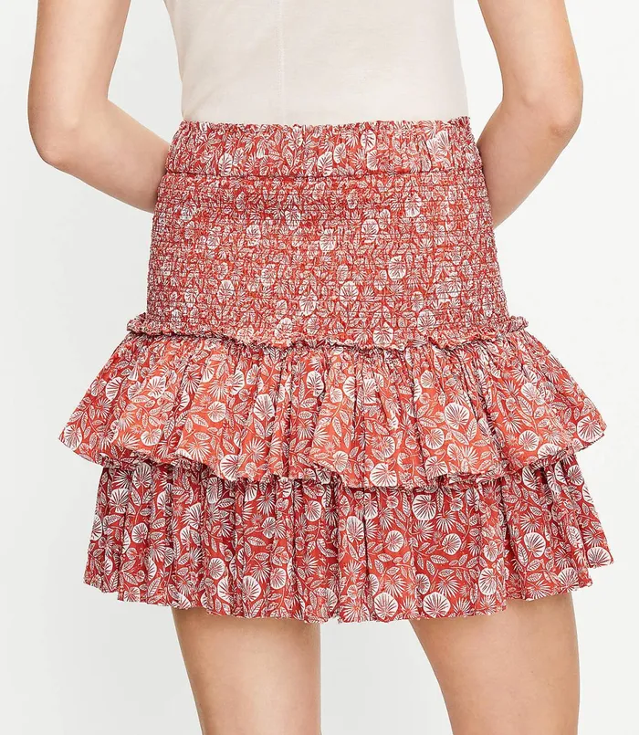 LOFT Petite Palm Smocked Tiered Skirt Rich Chestnut Women Petite Skirts