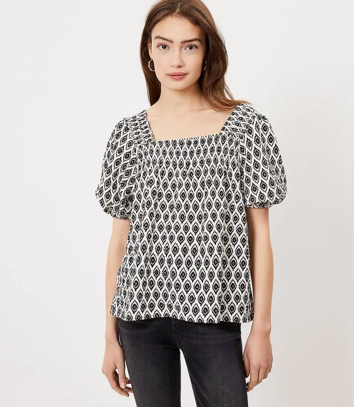 LOFT Petite Puff Sleeve Square Neck Top Whisper White Women Petite Tops
