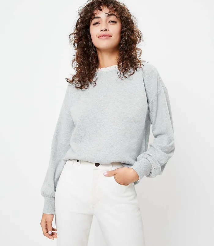 LOFT Petite Ruffle Collar Sweatshirt Dusk Grey Melange Women Petite Tees