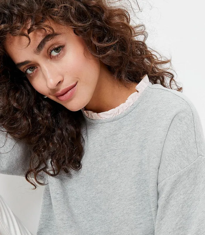 LOFT Petite Ruffle Collar Sweatshirt Dusk Grey Melange Women Petite Tees