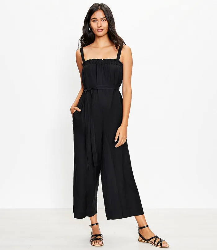 LOFT Petite Ruffle Square Neck Jumpsuit Black Women Petite Dresses