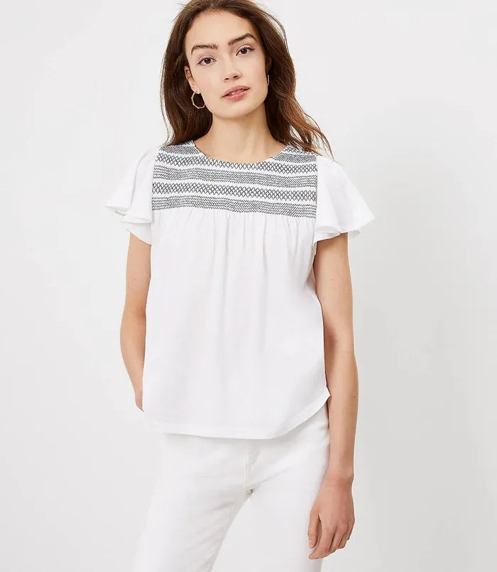 LOFT Petite Smocked Yoke Flutter Top Black Women Petite Tops