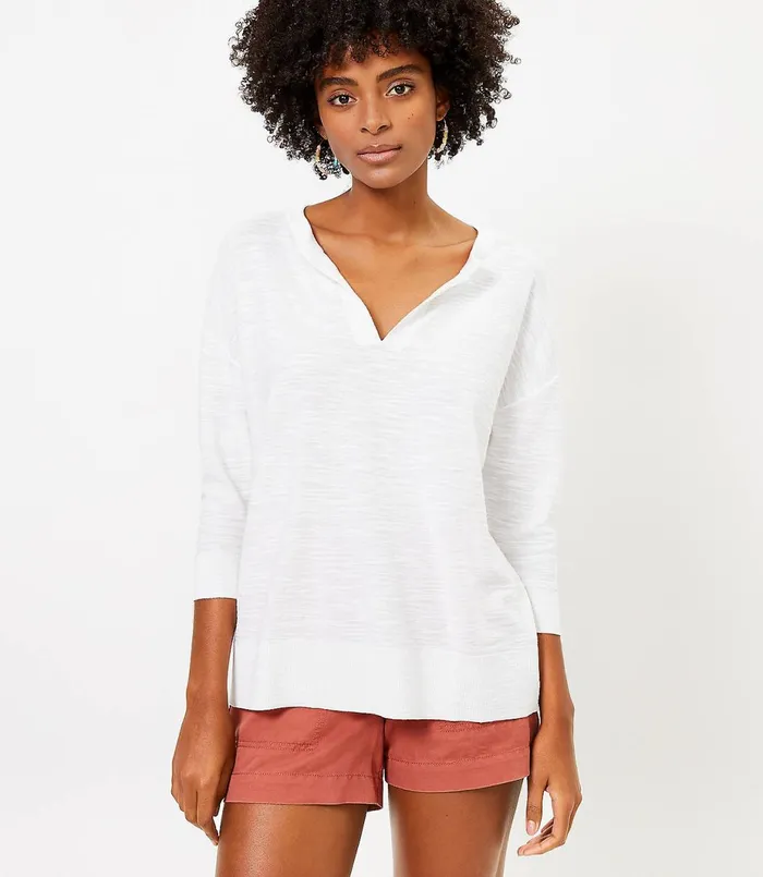 LOFT Petite Split Neck Tunic Sweater Pebble Grey Heather Women Petite Sweaters LOFT Petite Split Neck Tunic Sweater Pebble Grey Heather Women Petite Sweaters