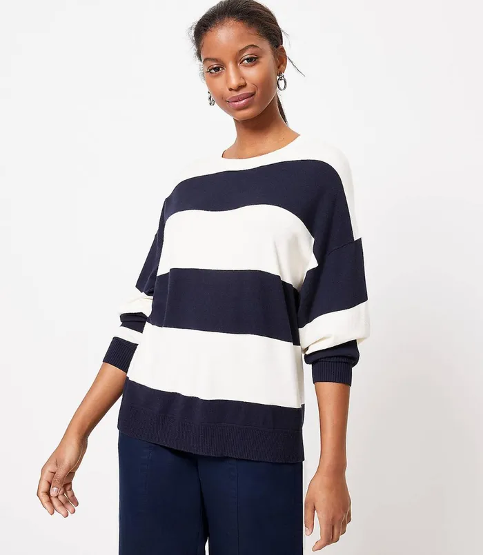 LOFT Petite Striped Poncho Sweater Forever Navy Women Petite Sweaters