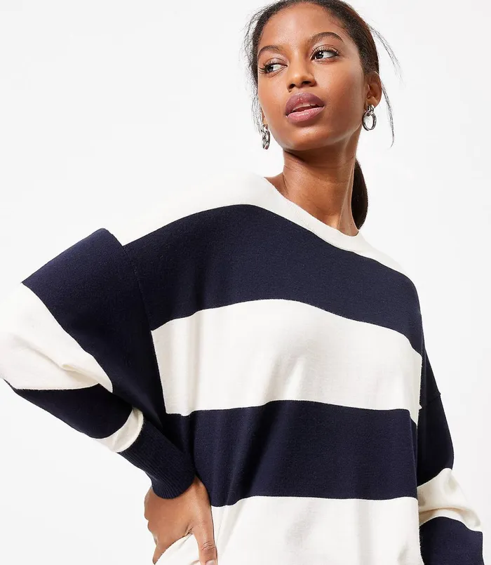 LOFT Petite Striped Poncho Sweater Forever Navy Women Petite Sweaters
