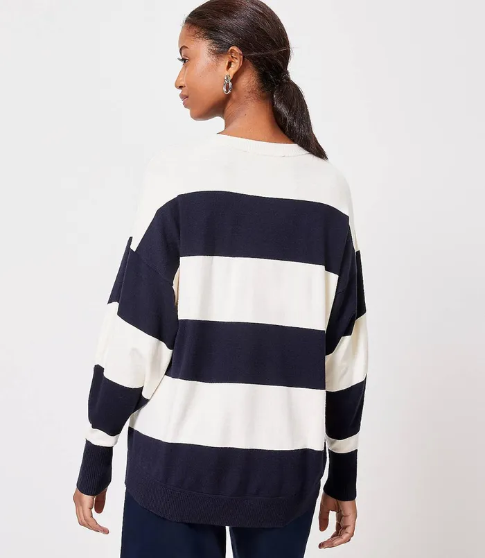 LOFT Petite Striped Poncho Sweater Forever Navy Women Petite Sweaters