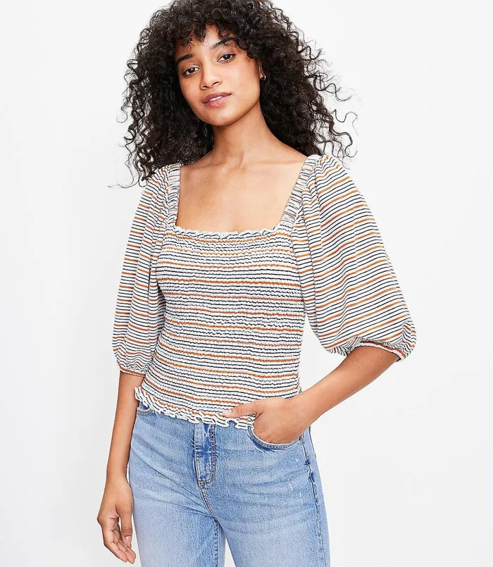 LOFT Petite Striped Smocked Drape Sleeve Top Whisper White Women Petite Tops