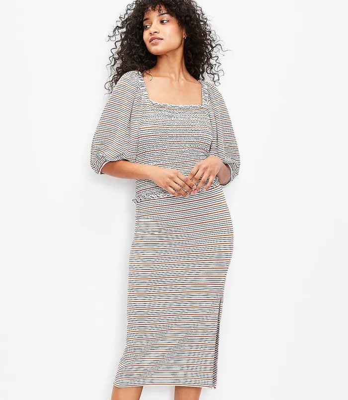 LOFT Petite Striped Smocked Drape Sleeve Top Whisper White Women Petite Tops