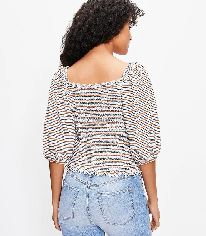 LOFT Petite Striped Smocked Drape Sleeve Top Whisper White Women Petite Tops