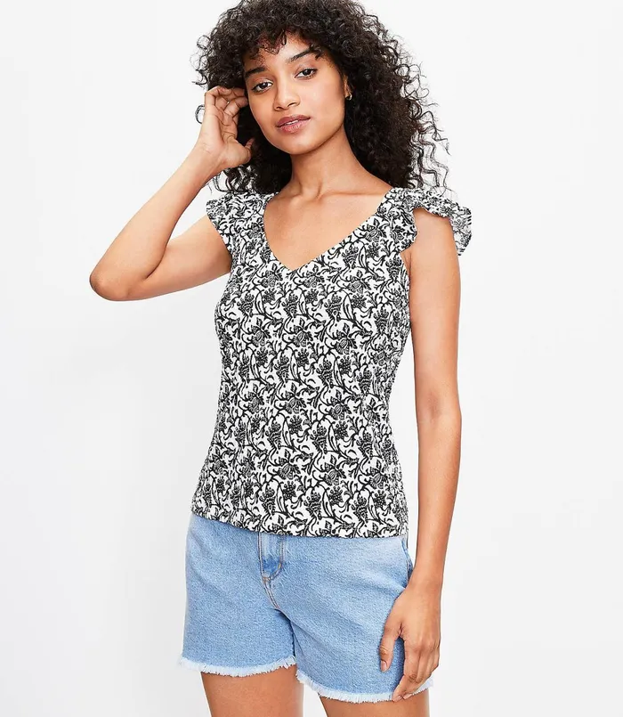 LOFT Petite Vine Ruffle VNeck Tank Top Black Women Petite Tops