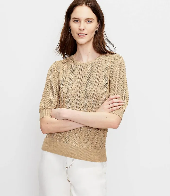 LOFT Pointelle Puff Sleeve Sweater Tee Seaside Sand Women Sweaters