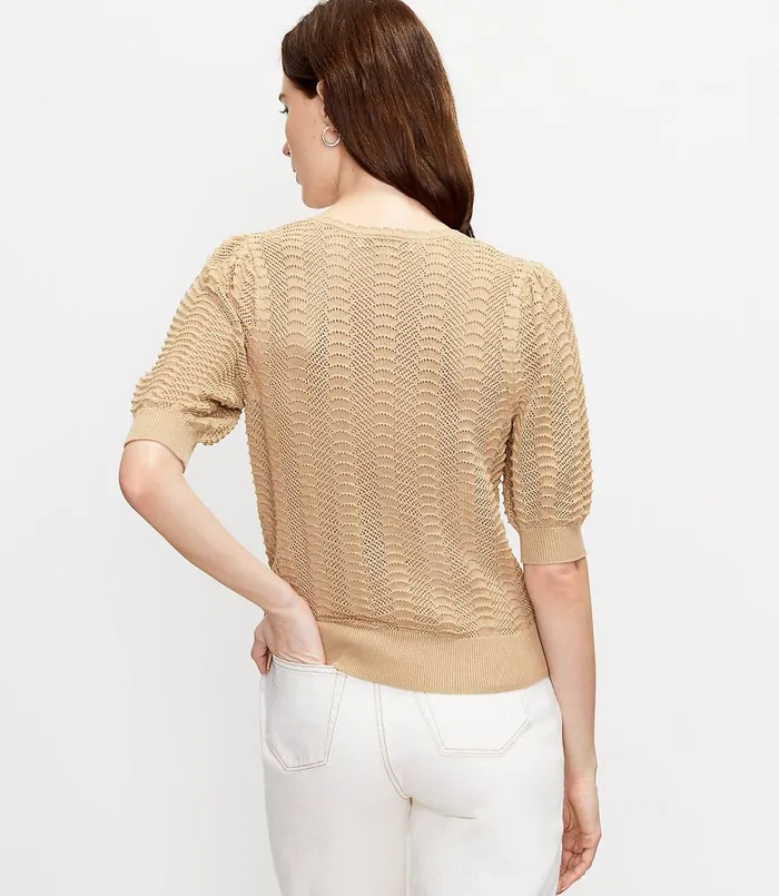 LOFT Pointelle Puff Sleeve Sweater Tee Seaside Sand Women Sweaters