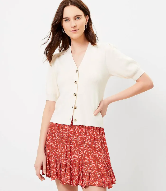LOFT Puff Sleeve VNeck Cardigan White Women Cardigans