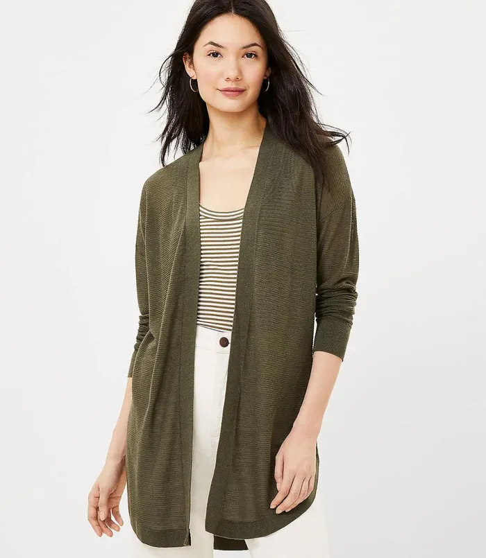 LOFT Shirttail Open Cardigan Vibrant Olive Women Sweaters