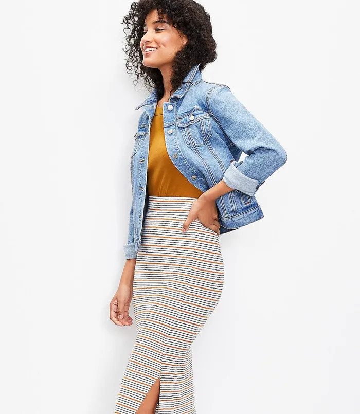 LOFT Striped Slit Column Pull On Skirt Whisper White Women Skirts