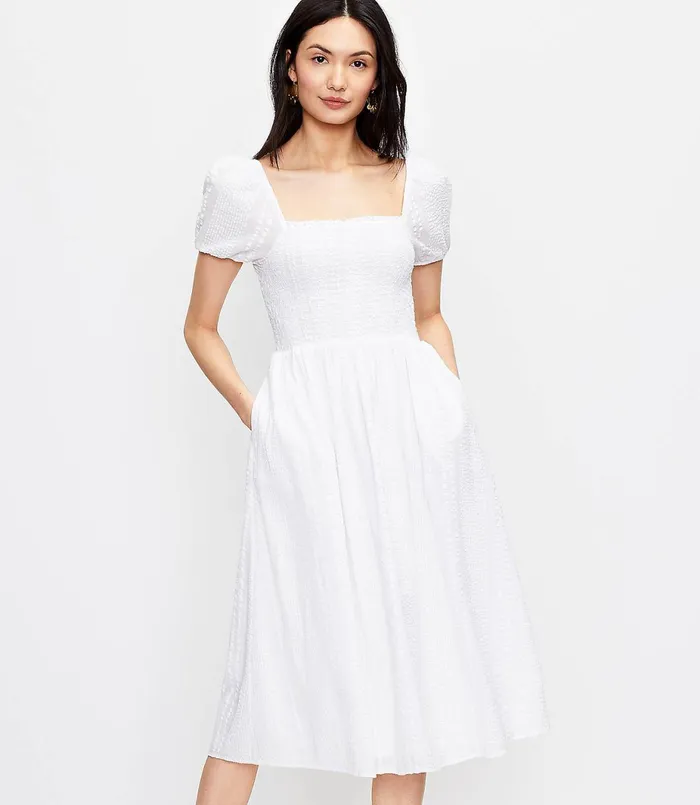 LOFT Striped Smocked Puff Sleeve Midi Dress White Women Party Dresses