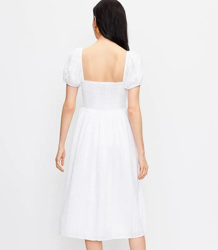 LOFT Striped Smocked Puff Sleeve Midi Dress White Women Party Dresses