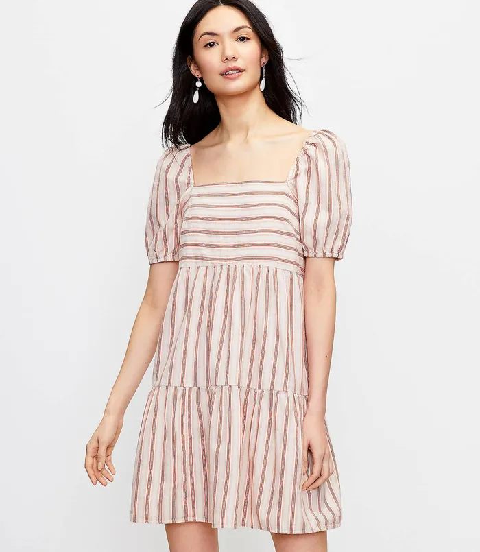 LOFT Striped Square Neck Puff Sleeve Dress Whisper White Women Swing Dresses